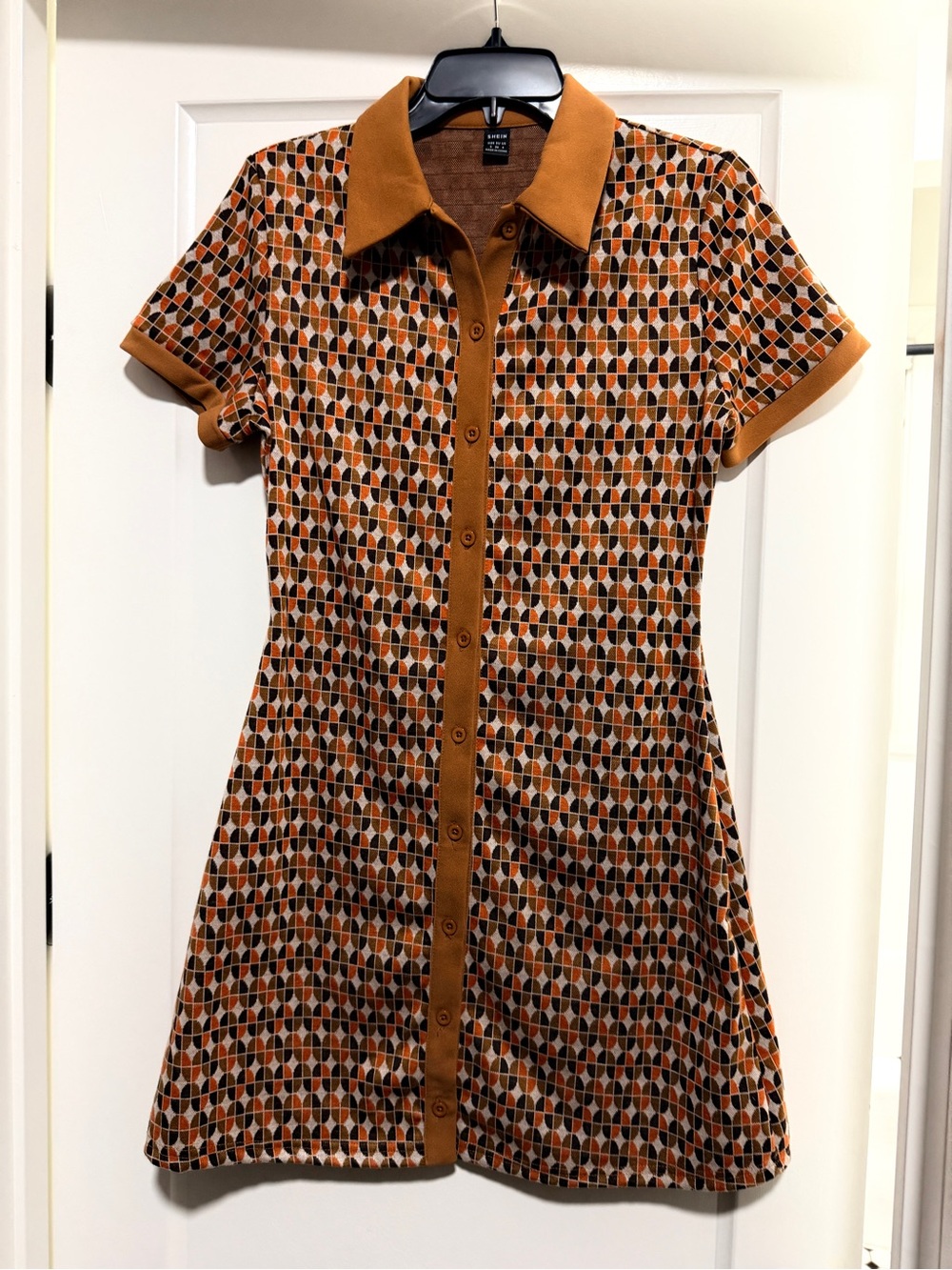 SHEIN Retro Geometric Knit Mini Dress in Rust, Black, Cream
